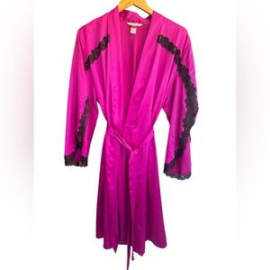 Victoria’s Secret Fuchsia Satin Lace Trim Tie Robe Kimono XS/S Pink Lingerie